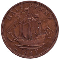 Монета 1/2 пенни. 1947 год, Великобритания. "Золотая лань". Монета 1/2 пенни. 1947 год, Великобритания. "Золотая лань".