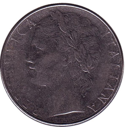 Монета 100 лир. 1978 год, Италия. Богиня мудрости Минерва рядом с оливковым деревом.