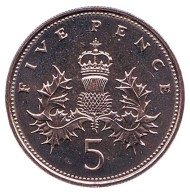 Монета 5 пенсов. 1986 год, Великобритания. BU.