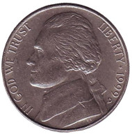 Монета 5 центов. 1999 год (D), США. Джефферсон. Монтичелло. Монета 5 центов. 1999 год (D), США. Джефферсон. Монтичелло.