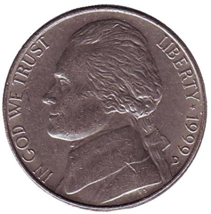 Монета 5 центов. 1999 год (D), США. Джефферсон. Монтичелло.