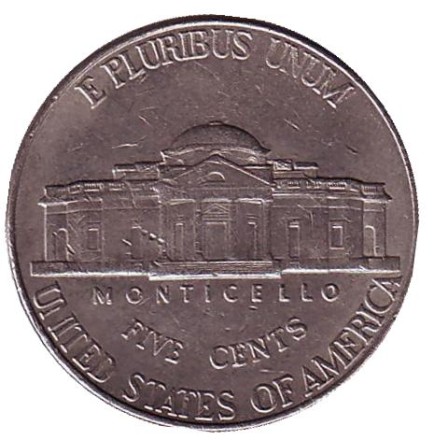 Монета 5 центов. 1999 год (D), США. Джефферсон. Монтичелло.