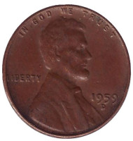 Монета 1 цент. 1959 год (D), США. Линкольн. Монета 1 цент. 1959 год (D), США. Линкольн.