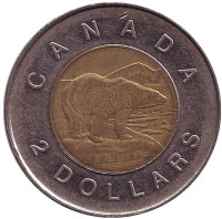 Полярный медведь. Монета 2 доллара, 1997 год, Канада. Из обращения.