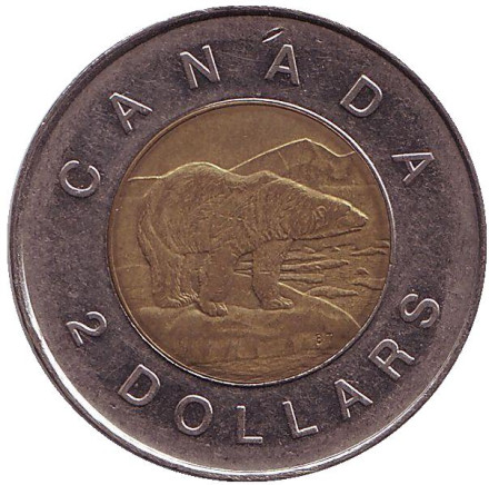 Монета 2 доллара, 1997 год, Канада. Из обращения. Полярный медведь.