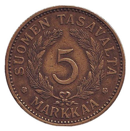Монета 5 марок. 1932 год, Финляндия.