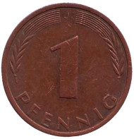 Монета 1 пфенниг. 1973 год (J), ФРГ. Дубовые листья. Монета 1 пфенниг. 1973 год (J), ФРГ. Дубовые листья.