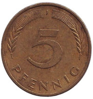 Монета 5 пфеннигов. 1979 год (J), ФРГ. Дубовые листья. Монета 5 пфеннигов. 1979 год (J), ФРГ. Дубовые листья.