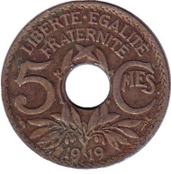 Монета 5 сантимов. 1919 год, Франция. Монета 5 сантимов. 1919 год, Франция.