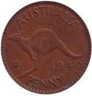 Монета 1 пенни. 1940 год, Австралия. Кенгуру. Монета 1 пенни. 1940 год, Австралия. Кенгуру.