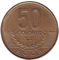 Монета 50 колонов. 2002 год, Коста-Рика. Из обращения.
