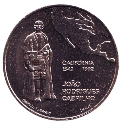 Монета 200 эскудо. 1992 год, Португалия. Хуан Родригес Кабрильо, 450-летие открытия Калифорнии.