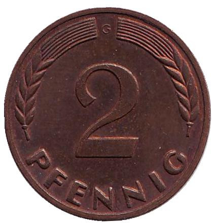 Монета 2 пфеннига. 1967 год (G), ФРГ. Дубовые листья.