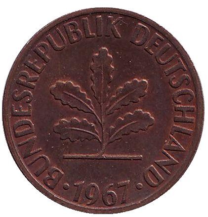 Монета 2 пфеннига. 1967 год (G), ФРГ. Дубовые листья.