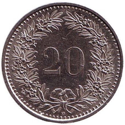 Монета 20 раппенов. 1995 год, Швейцария.