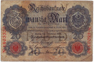 Рейхсбанкнота 20 марок. 1914 год, Германская империя. Рейхсбанкнота 20 марок. 1914 год, Германская империя.
