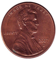 Монета 1 цент. 2007 год (D), США. Линкольн. Монета 1 цент. 2007 год (D), США. Линкольн.