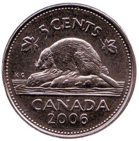 Бобр. Монета 5 центов. 2006 год, Канада. (Отметка: кленовый лист)