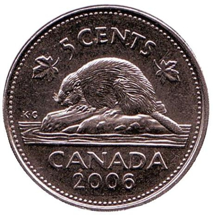 Монета 5 центов. 2006 год, Канада. (Отметка: кленовый лист) Бобр.