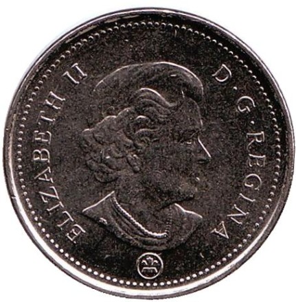 Монета 5 центов. 2006 год, Канада. (Отметка: кленовый лист) Бобр. Монета 5 центов. 2006 год, Канада. (Отметка: кленовый лист) Бобр.