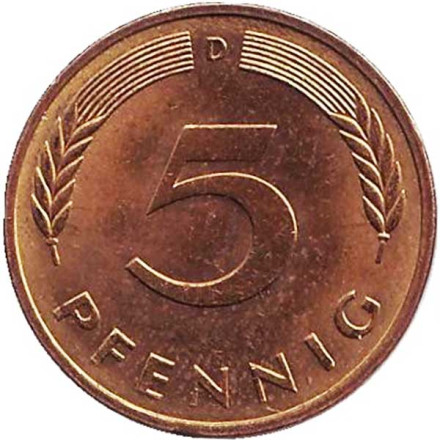 Монета 5 пфеннигов. 1981 год (D), ФРГ. Из обращения. Дубовые листья.