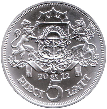 Монета 5 латов, 2012 год, Латвия. Милда. Монета 5 латов, 2012 год, Латвия. Милда.