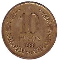Монета 10 песо. 1988 год, Чили. Монета 10 песо. 1988 год, Чили.