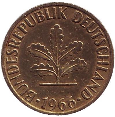 Монета 5 пфеннигов. 1966 год (F), ФРГ. Дубовые листья. Монета 5 пфеннигов. 1966 год (F), ФРГ. Дубовые листья.