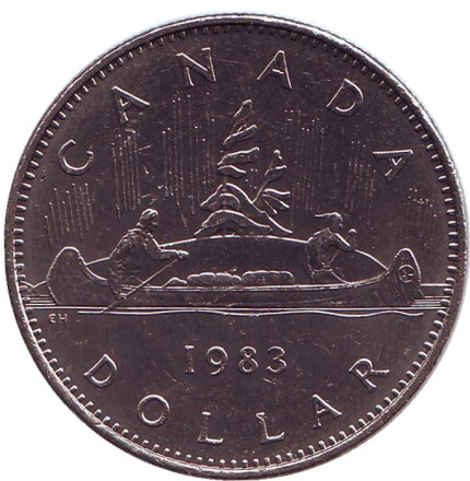 Монета 1 доллар. 1983 год, Канада. Из обращения. Индейцы в каноэ.