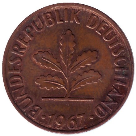 Монета 2 пфеннига. 1967 год (D), ФРГ. Дубовые листья.