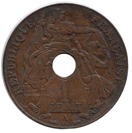 Монета 1 цент. 1937 год (A), Французский Индокитай.