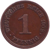 Монета 1 пфенниг. 1908 год (D), Германская империя. Монета 1 пфенниг. 1908 год (D), Германская империя.
