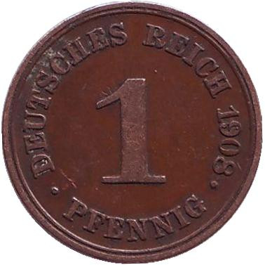 Монета 1 пфенниг. 1908 год (D), Германская империя.