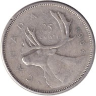 Монета 25 центов. 1964 год, Канада. Канадский олень (Карибу). Монета 25 центов. 1964 год, Канада. Канадский олень (Карибу).