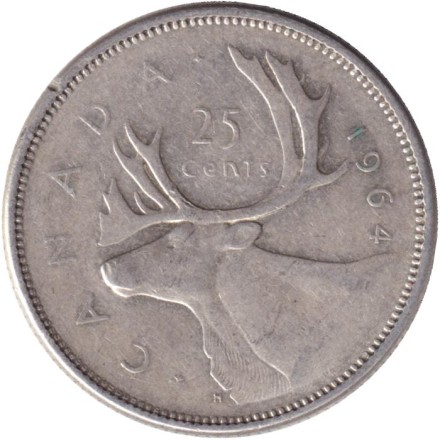 Монета 25 центов. 1964 год, Канада. Канадский олень (Карибу).