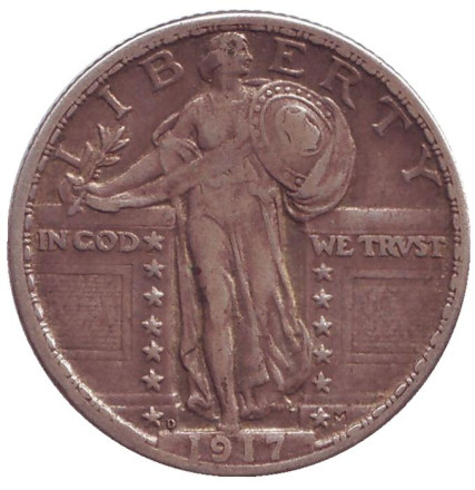 Монета 25 центов. 1917 год (D), США. (Три звезды ниже орла) Монета 25 центов. 1917 год (D), США. (Три звезды ниже орла)