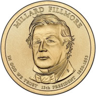13-й президент США. Миллард Филлмор. Монетный двор P. 1 доллар, 2010 год, США. 13-й президент США. Миллард Филлмор. Монетный двор P. 1 доллар, 2010 год, США.