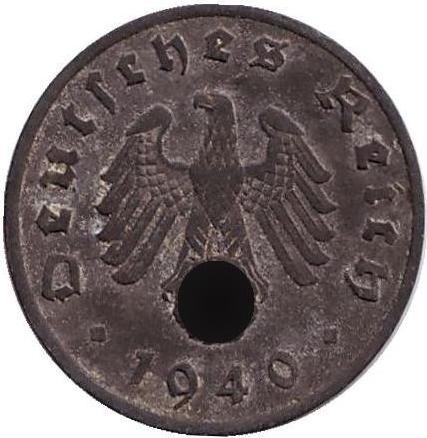 Монета 1 рейхспфенниг. 1940 год, Германия (Третий Рейх). (A). Цинк.