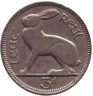 Монета 3 пенса. 1964 год, Ирландия. Заяц.