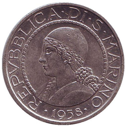 Монета 5 лир. 1938 год, Сан-Марино.