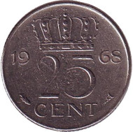 Монета 25 центов. 1968 год, Нидерланды. Монета 25 центов. 1968 год, Нидерланды.