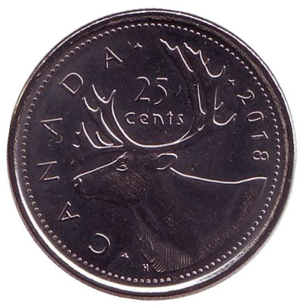 Монета 25 центов. 2018 год, Канада. Канадский олень (Карибу).