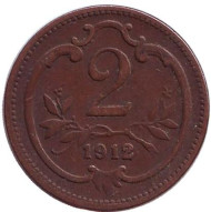 Монета 2 геллера. 1912 год, Австро-Венгерская империя. Австрийский тип. Монета 2 геллера. 1912 год, Австро-Венгерская империя. Австрийский тип.
