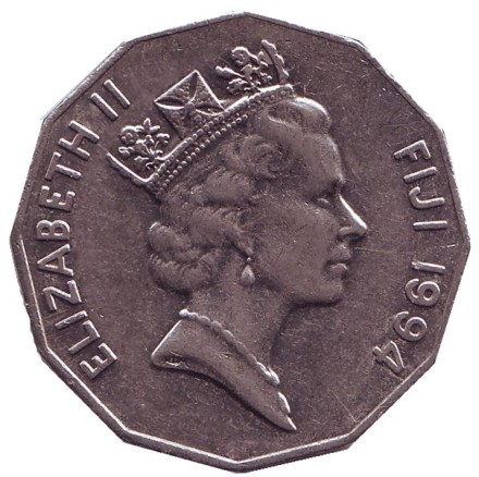 Монета 50 центов. 1994 год, Фиджи. Фиджийское каноэ Такиа (Каунитони).