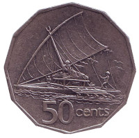 Фиджийское каноэ Такиа (Каунитони). Монета 50 центов. 1994 год, Фиджи.