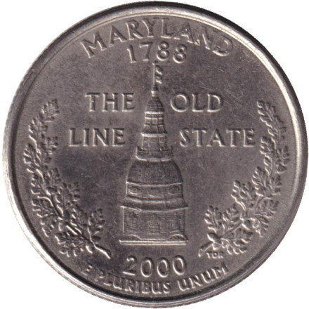 Монета 25 центов (P). 2000 год, США. Мэриленд. Штат № 7.