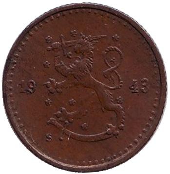 Монета 25 пенни. 1943 год, Финляндия. (медь)