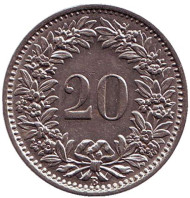Монета 20 раппенов. 1931 год, Швейцария. Монета 20 раппенов. 1931 год, Швейцария.