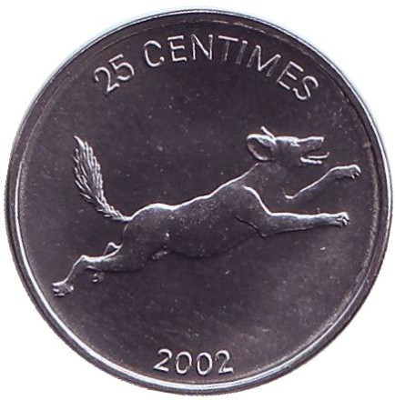 Монета 25 сантимов. 2002 год, Демократическая Республика Конго. Гиеновидная собака.