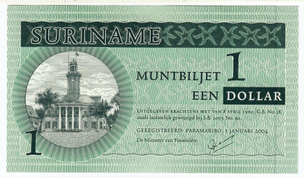 Банкнота 1 доллар. 2004 год, Суринам.